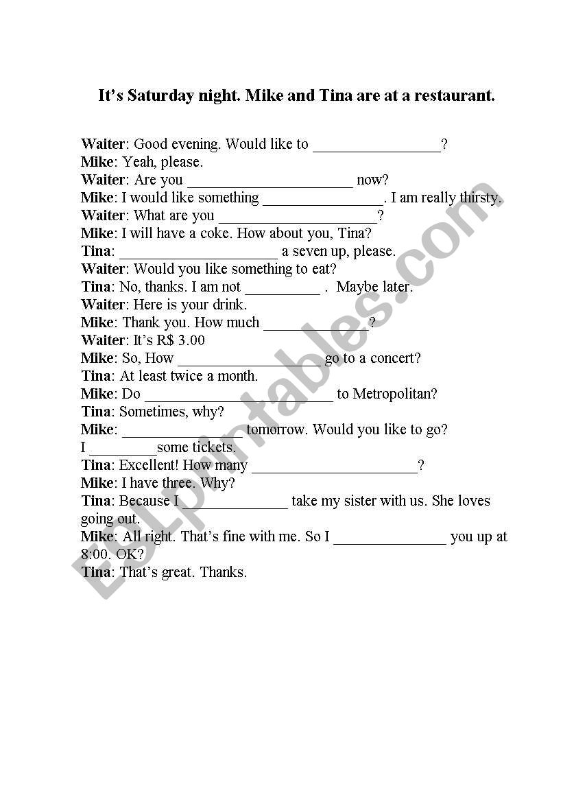 restaurant conversation worksheet