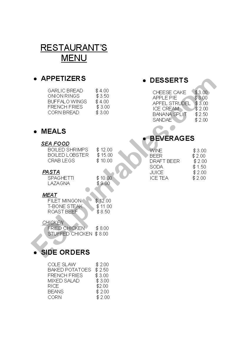 restaurant menu worksheet