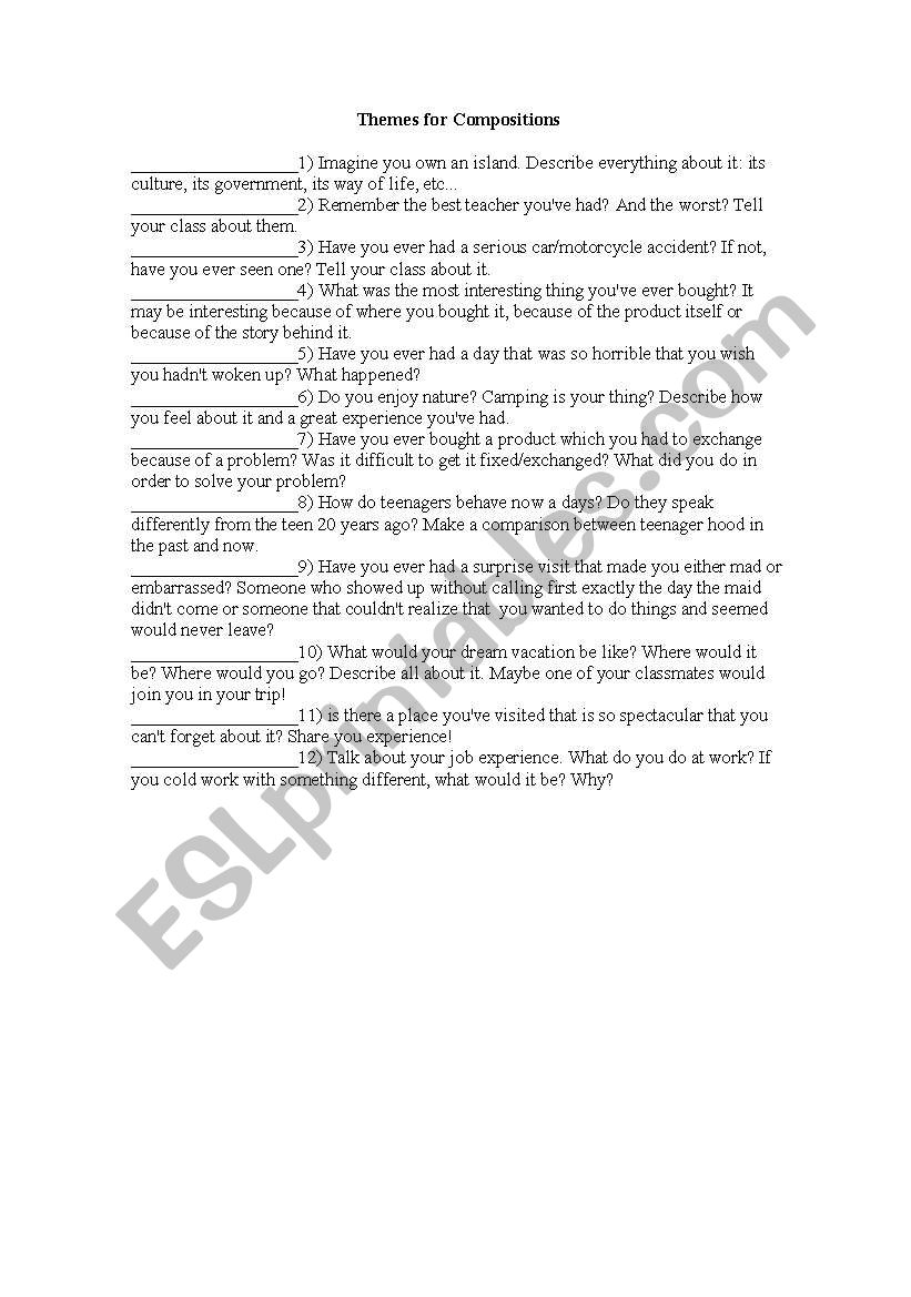 Themes for compositions worksheet