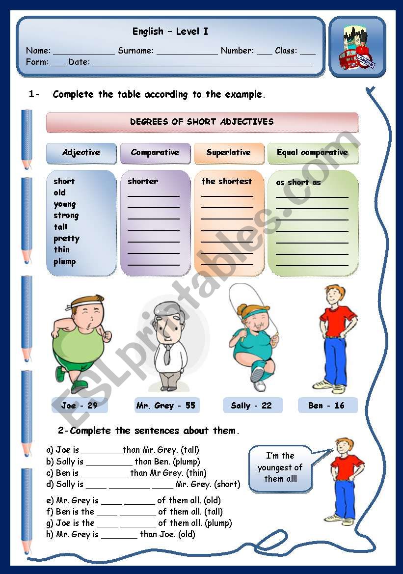 DEGREES OF SHORT ADJECTIVES worksheet