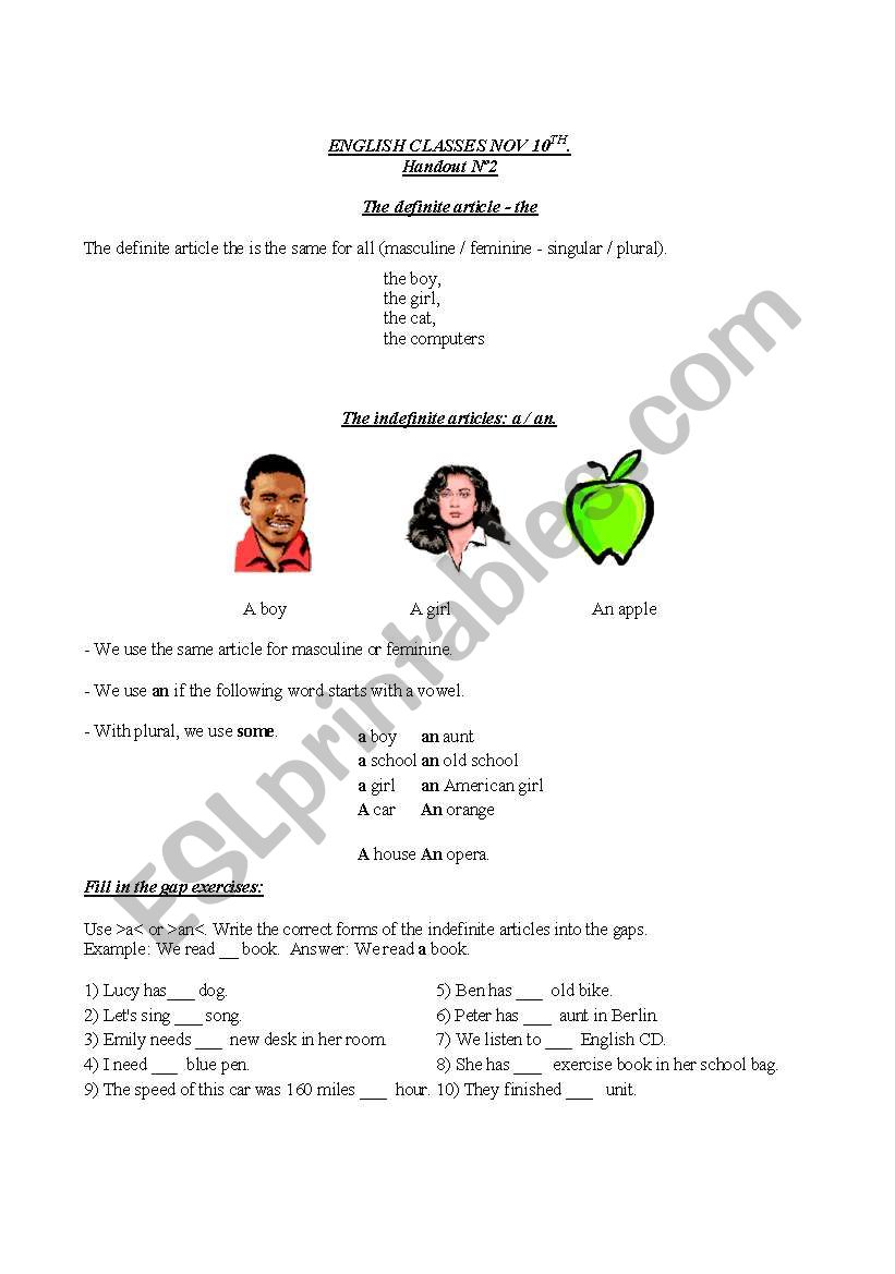 Handout including definite/indefinite articles, adjectives, numbers among others