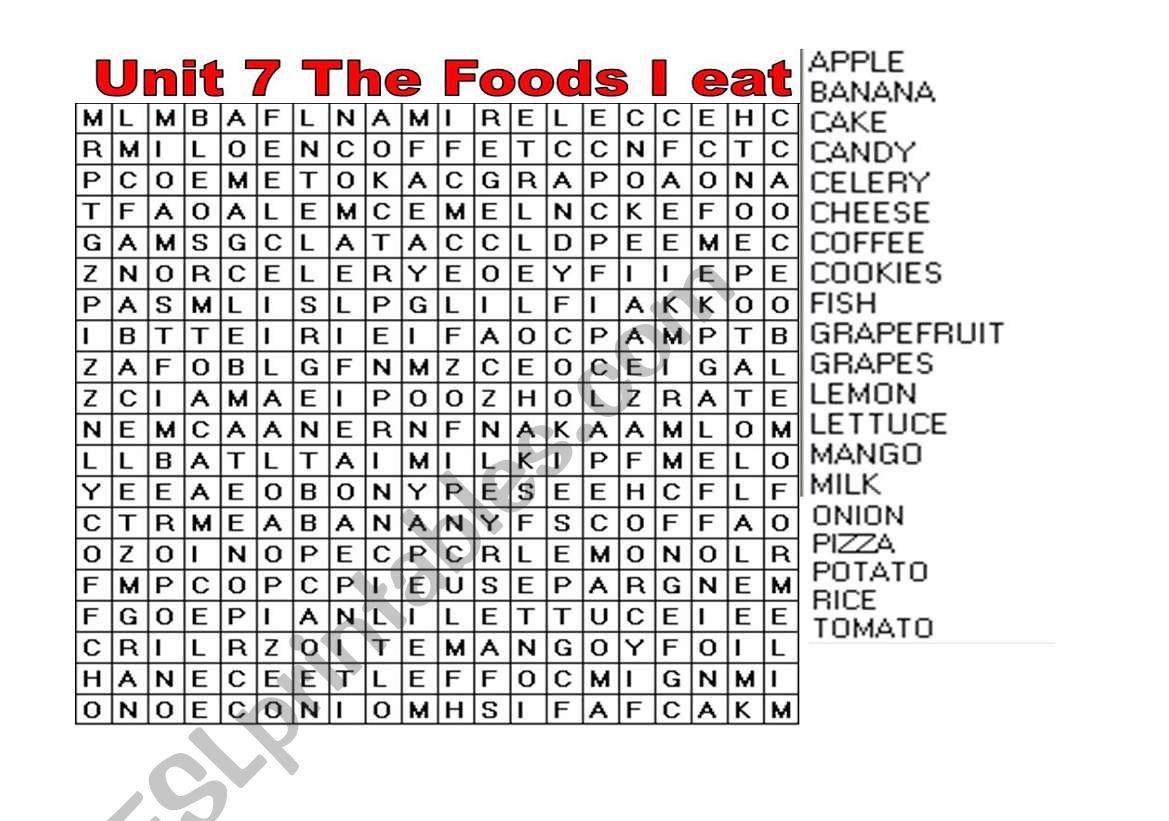 Food wordsearch worksheet