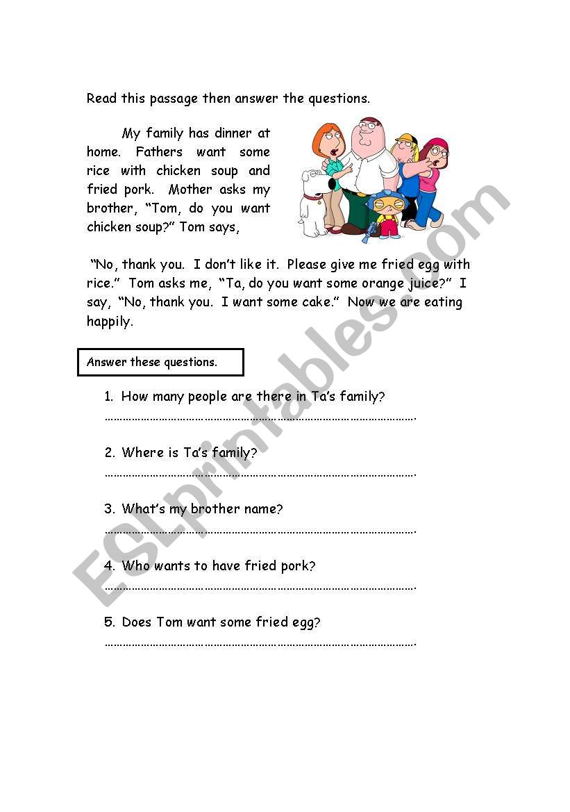 Dinner At Home worksheet