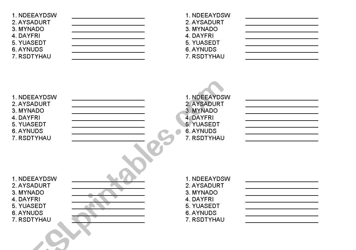 days of week worksheet