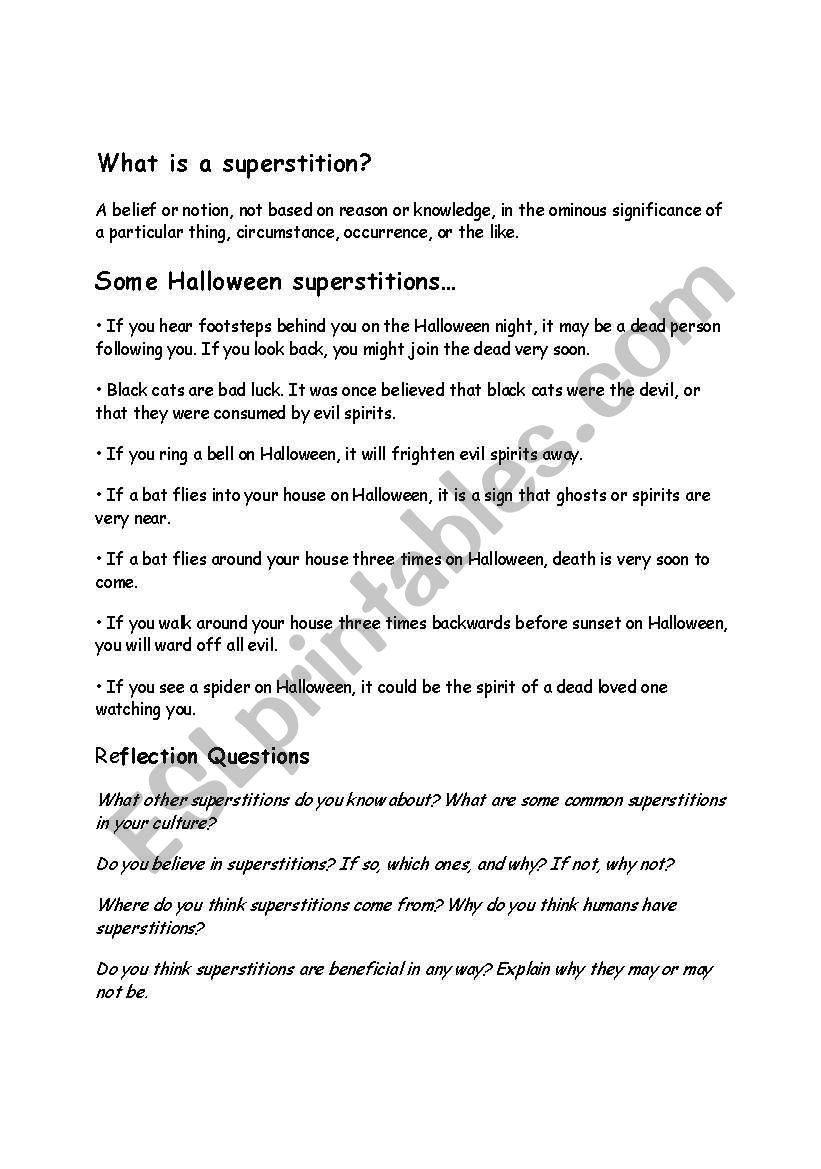 Halloween superstitions worksheet