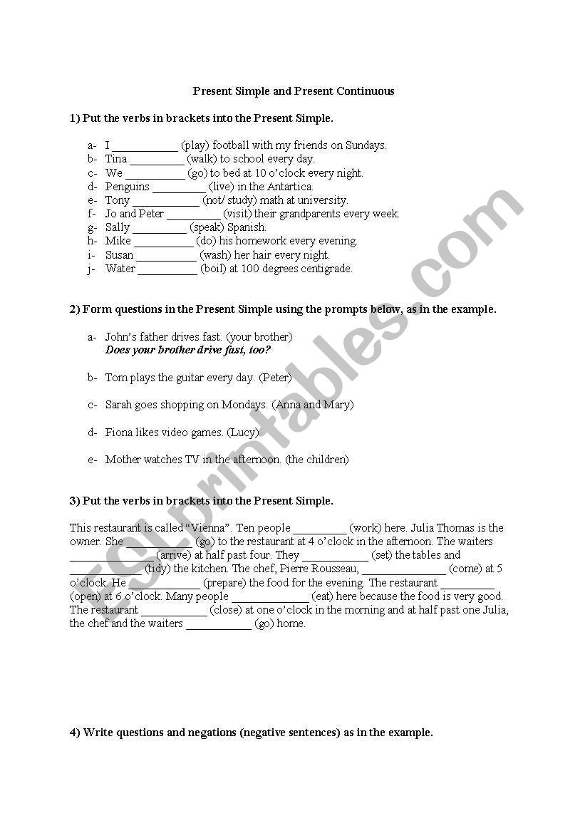 Present Simple and Present Continuous Worksheet