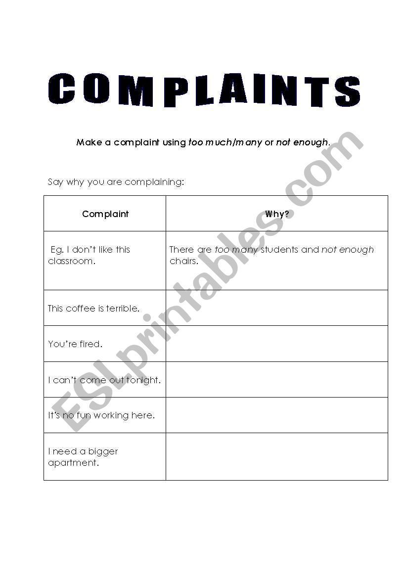 Complaints worksheet