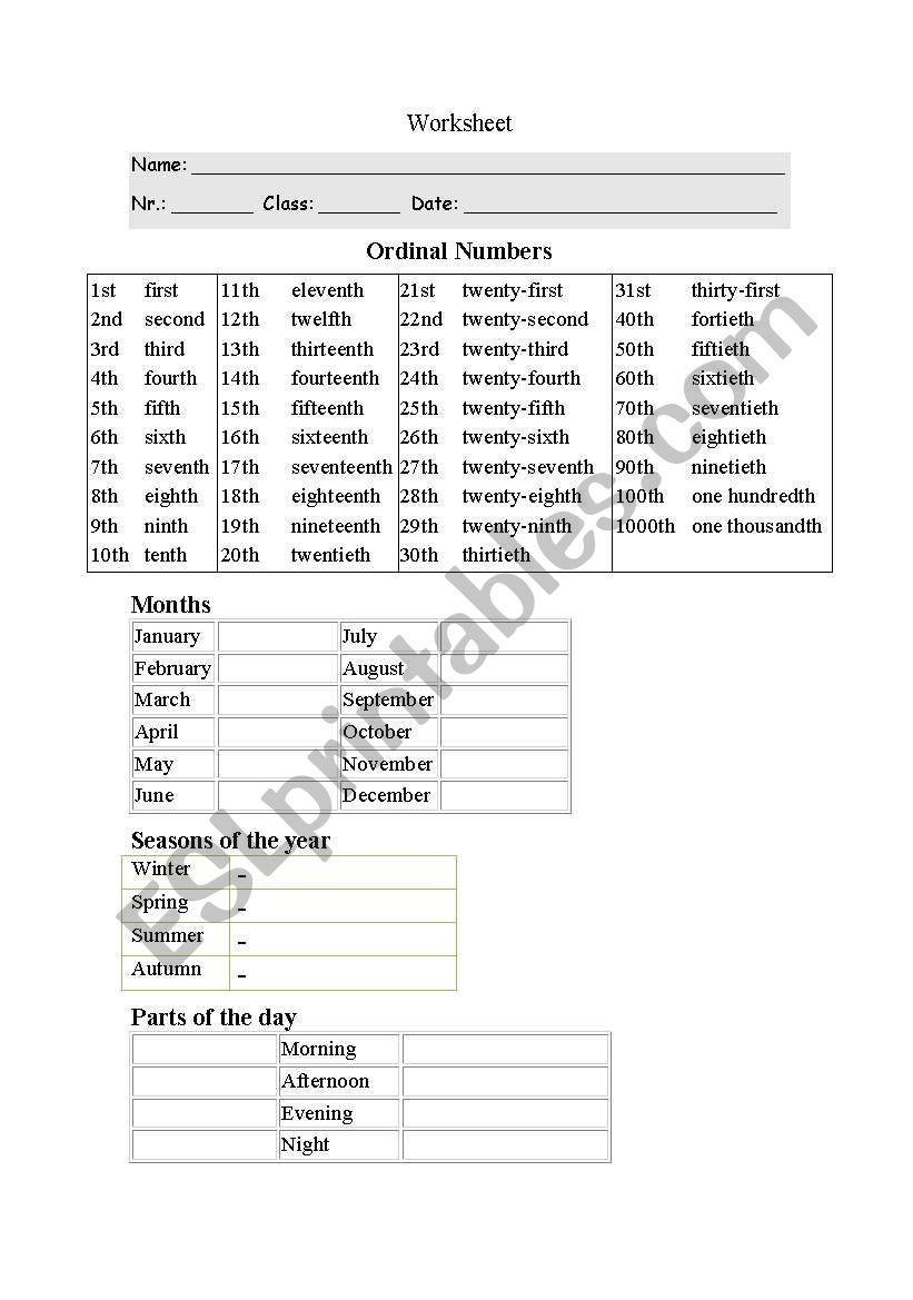 Ordinal numbers -seasons-months