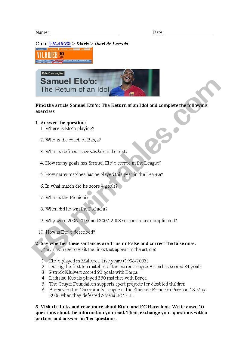 Reading: Etoo worksheet