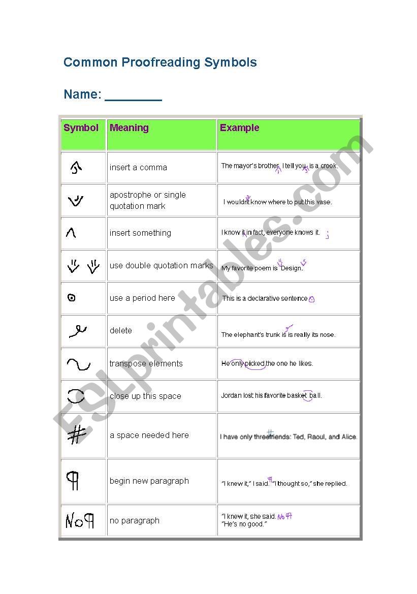 profreading marks worksheet