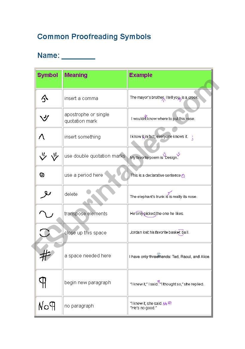 profreading marks worksheet