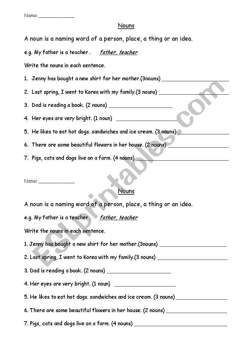 English Worksheets Find Nouns From Sentences