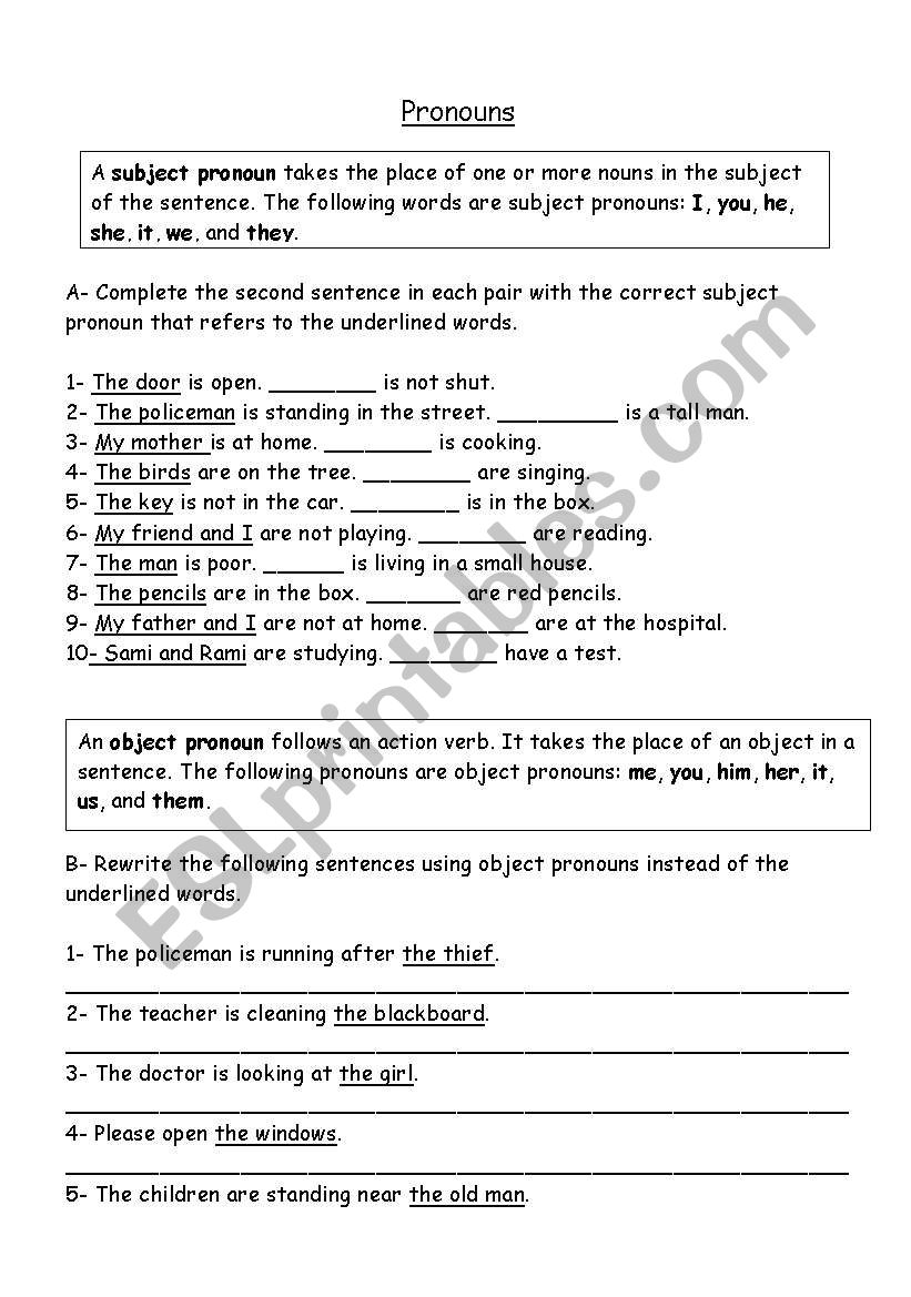 subject and object pronouns worksheet