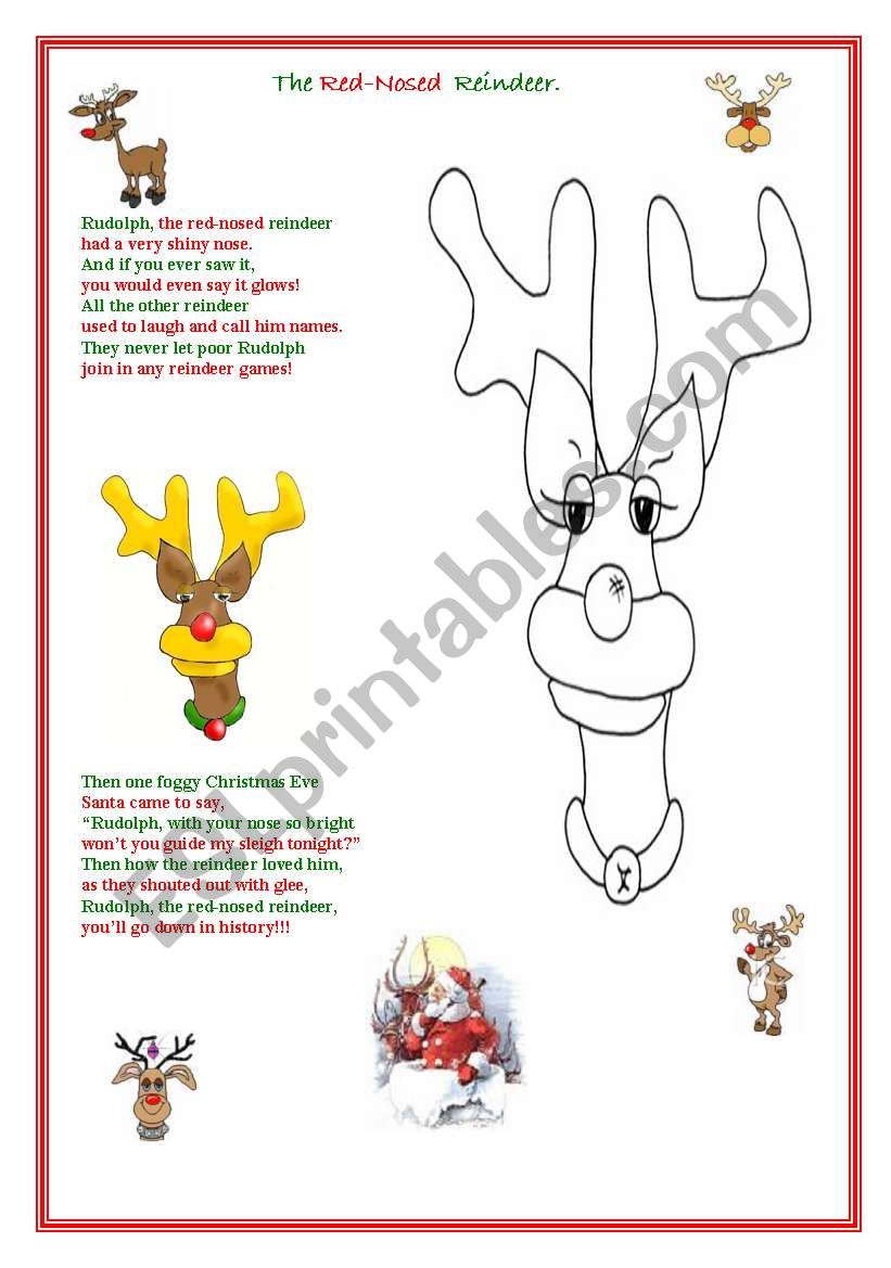 Christmas. The Red-Nosed Reindeer. A colouring page + a poem.