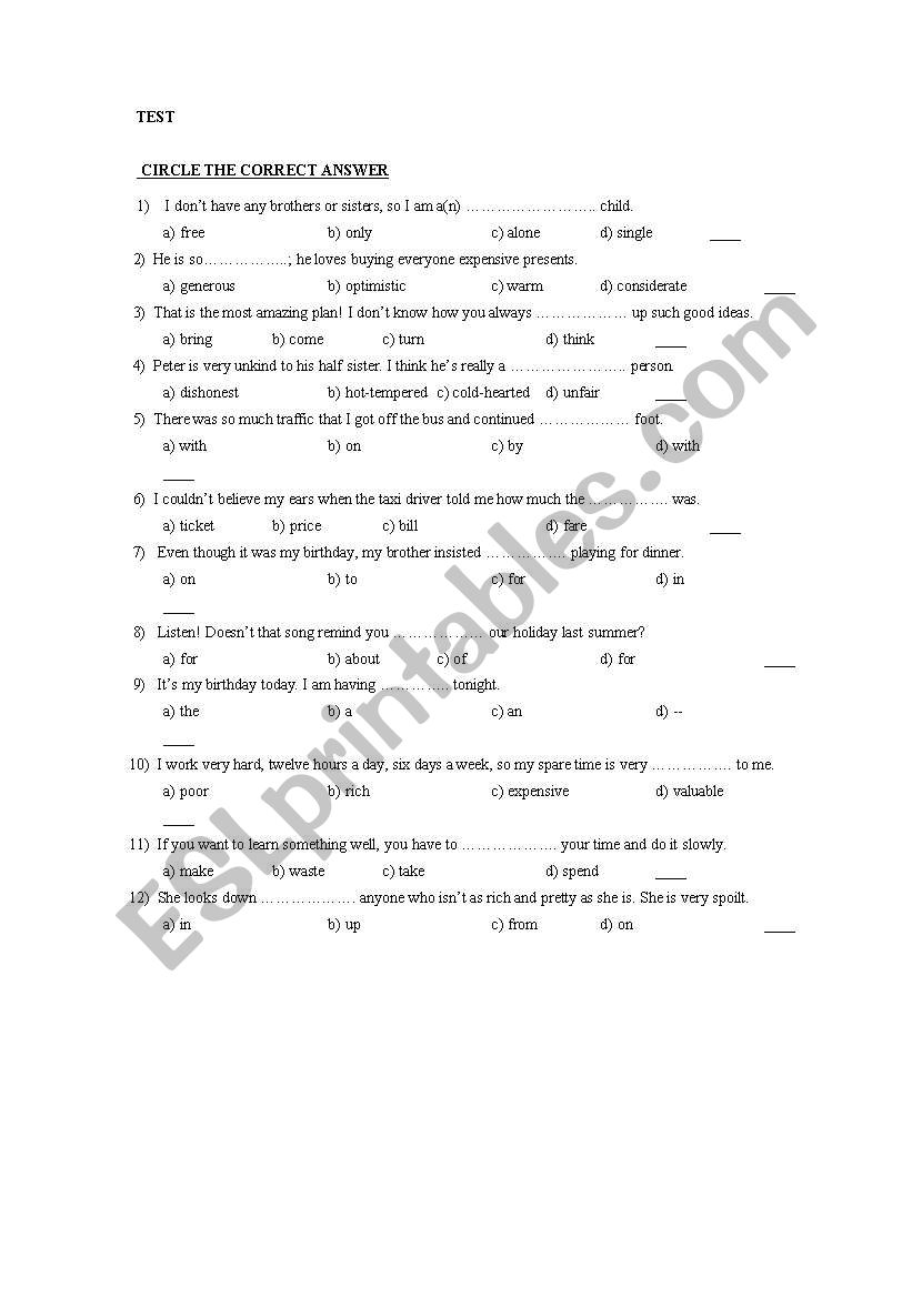 TEST ON VOCABULARY AND PREPOSITIONS