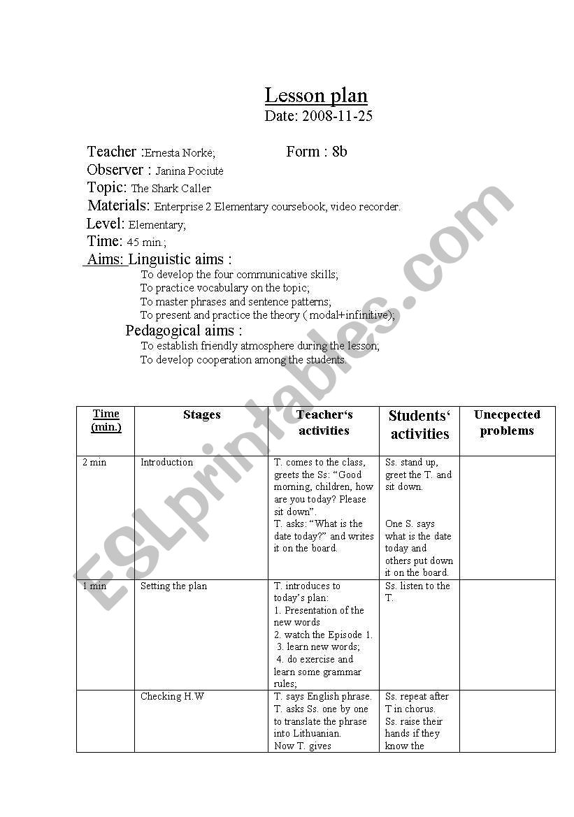 A LESSON PLAN FOR THE 8TH FORM