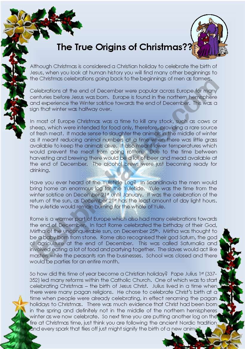 The True Origins of Christmas worksheet