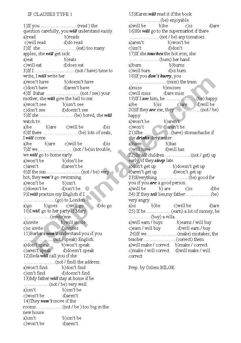 IF CLAUSE TYPE 1 worksheet