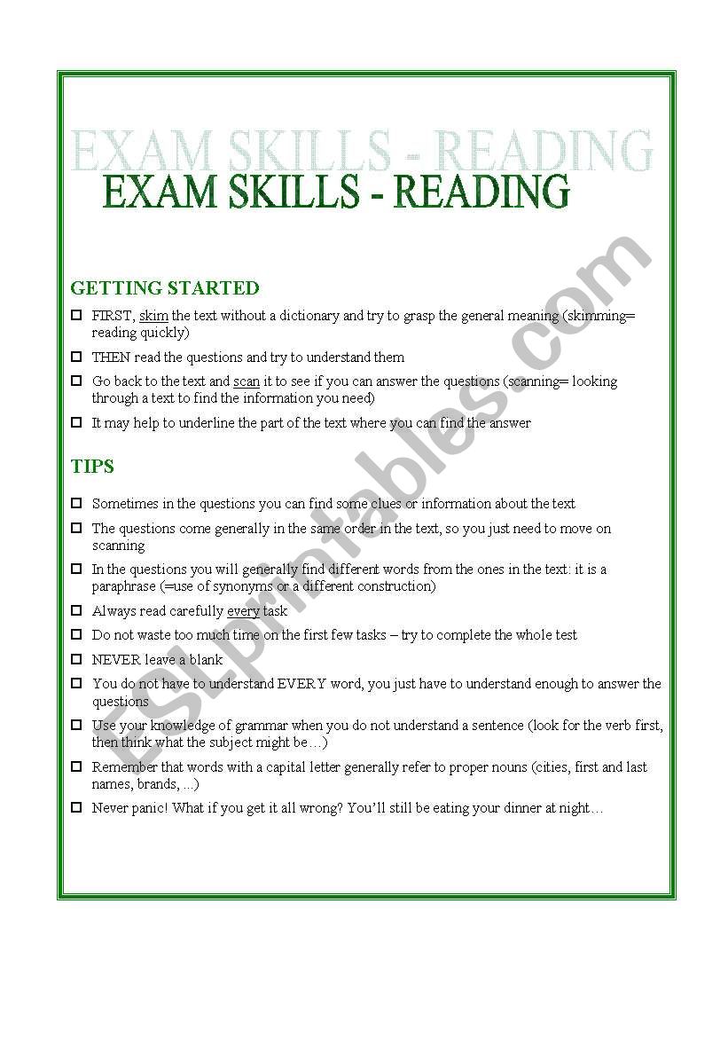 EXAM SKILLS- Reading worksheet