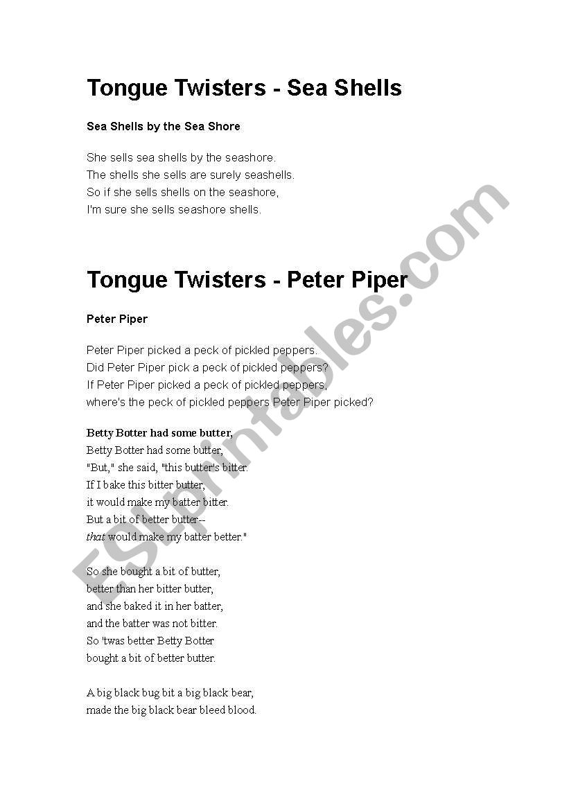Tongue twisters worksheet