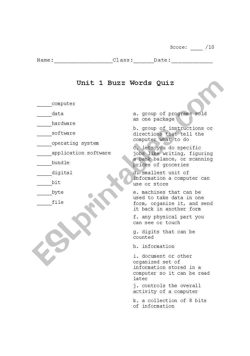 Technology Vocabulary Quiz worksheet