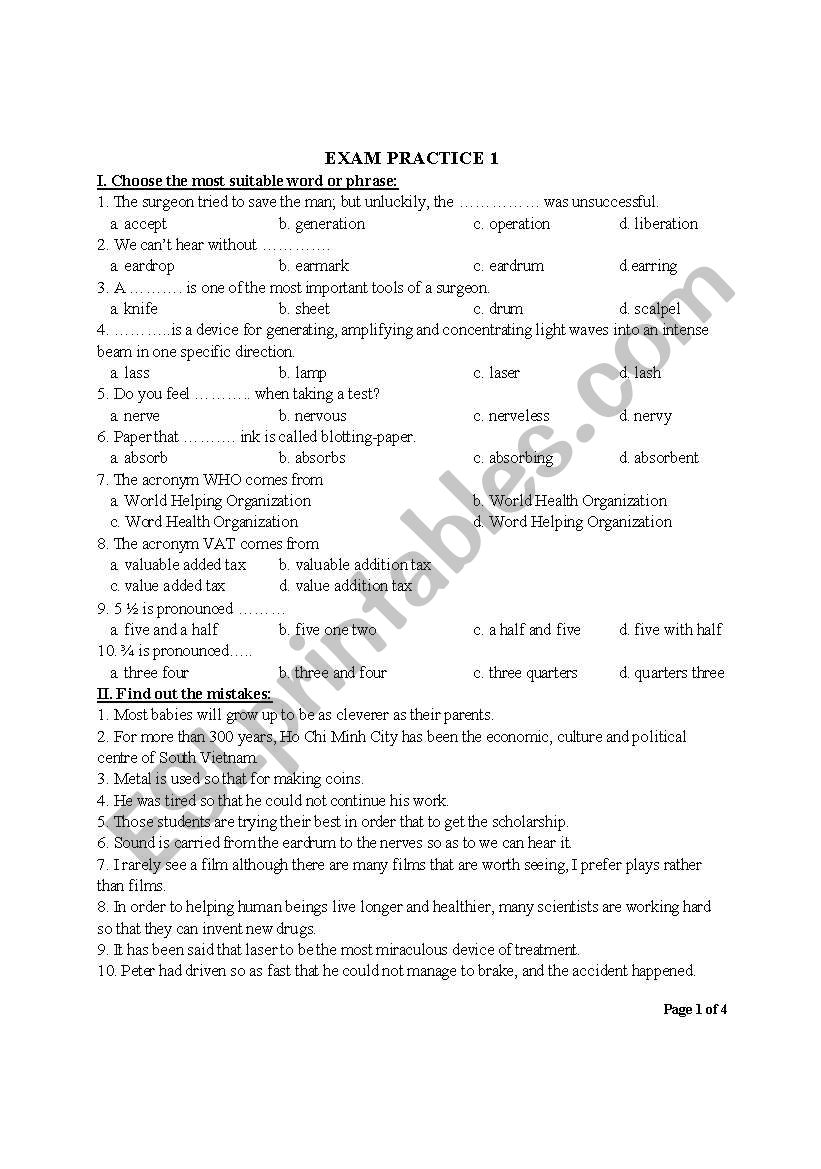 multiple choice worksheet