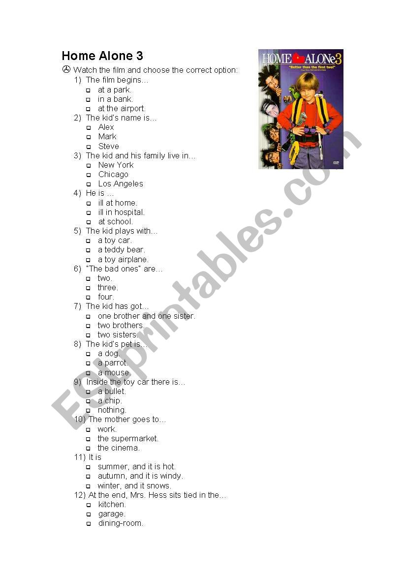 Home Alone 3 - movie worksheet