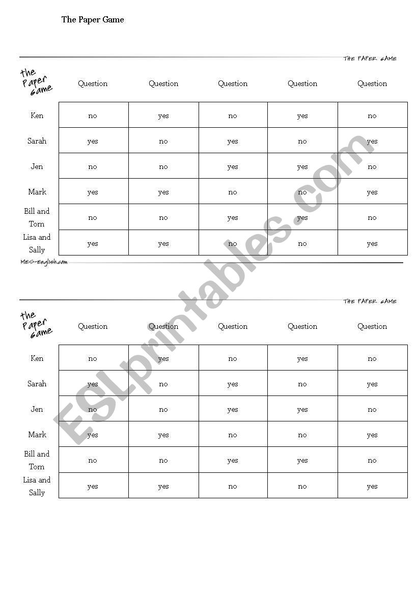 game card worksheet