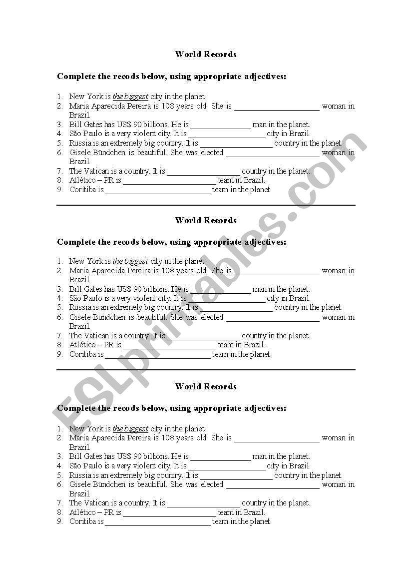 World Records - Superlatives worksheet