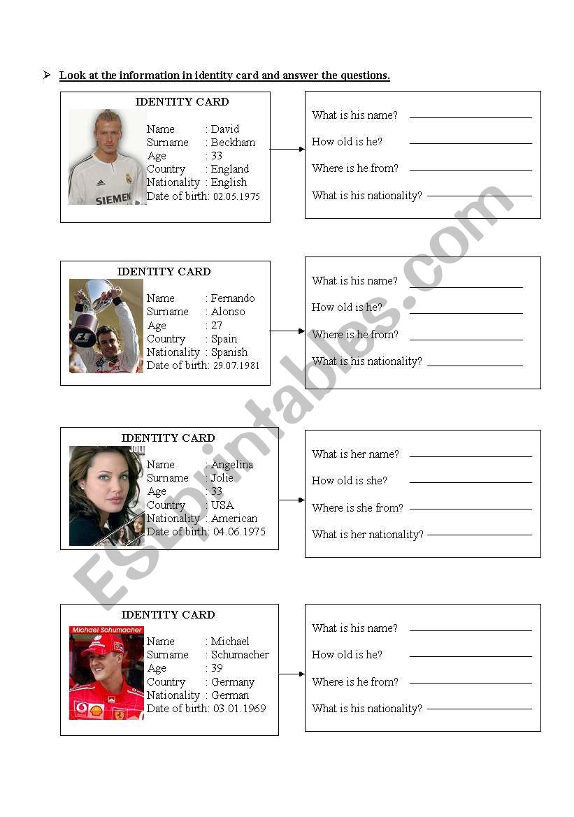 Identity Card worksheet