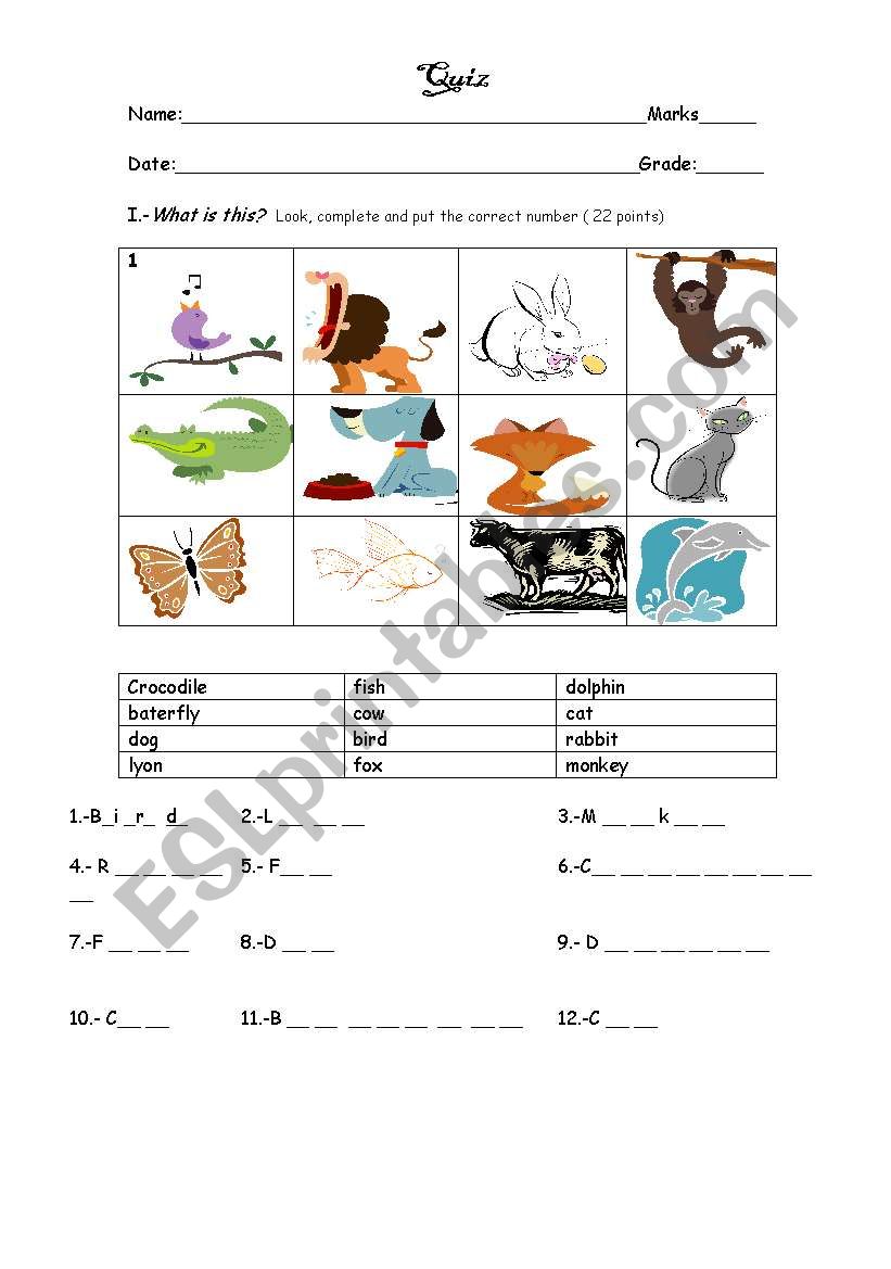 Animal quiz for elementary level 