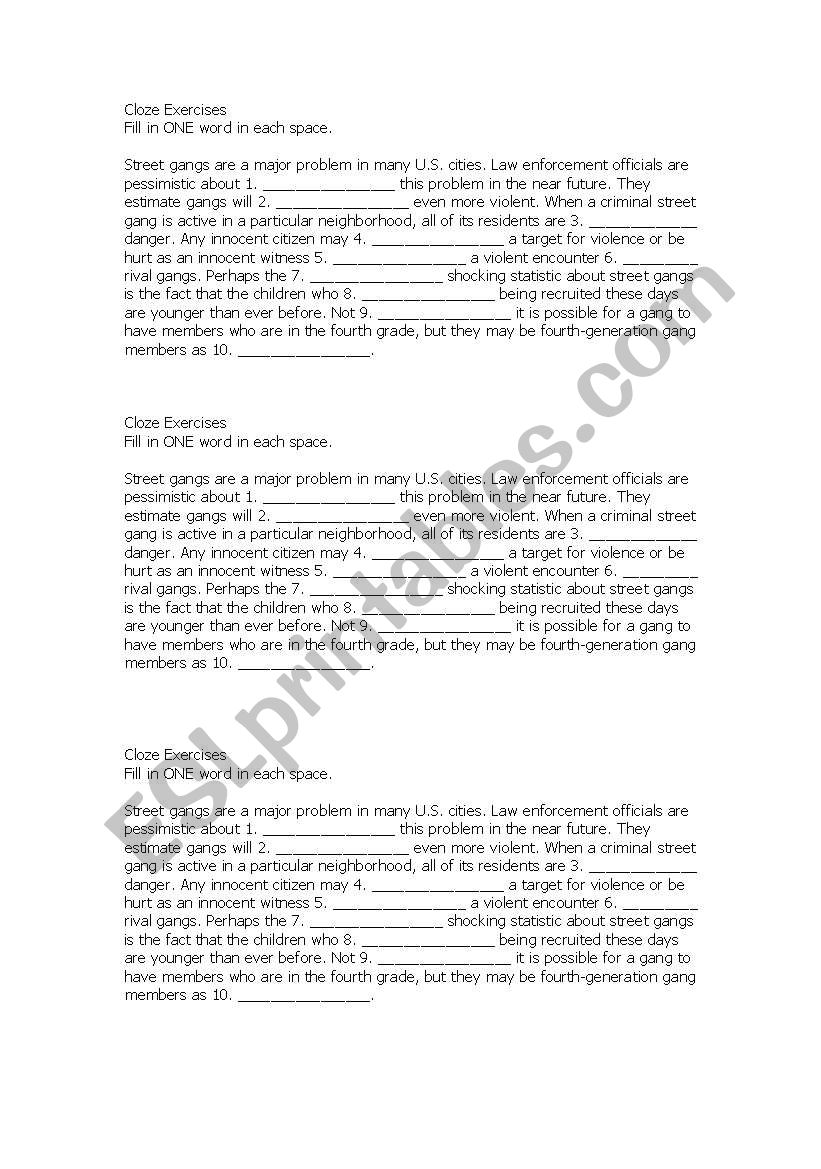 Cloze Exercise worksheet