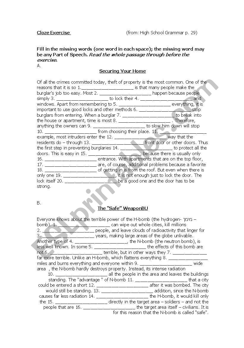 Cloze Exercise worksheet