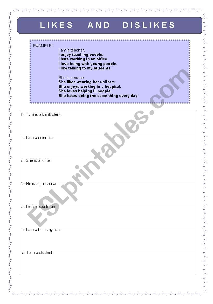 Likes and dislikes worksheet