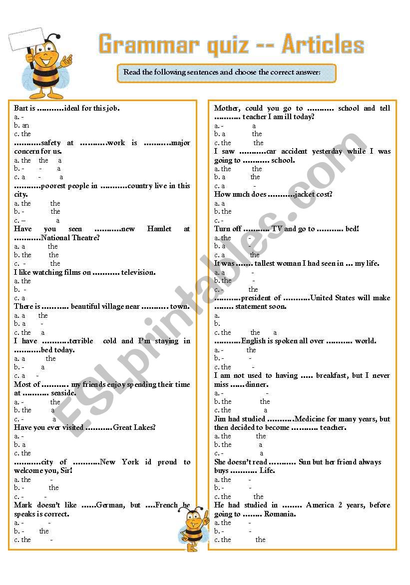 GRAMMAR QUIZ --- ARTICLES worksheet