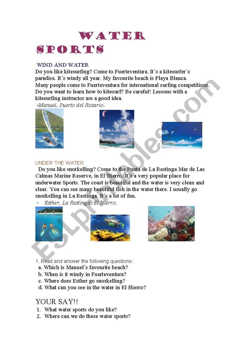 water sports worksheet