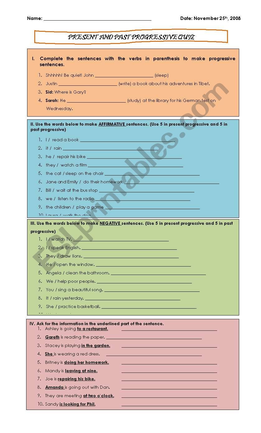 Present and Past Progressive Quiz