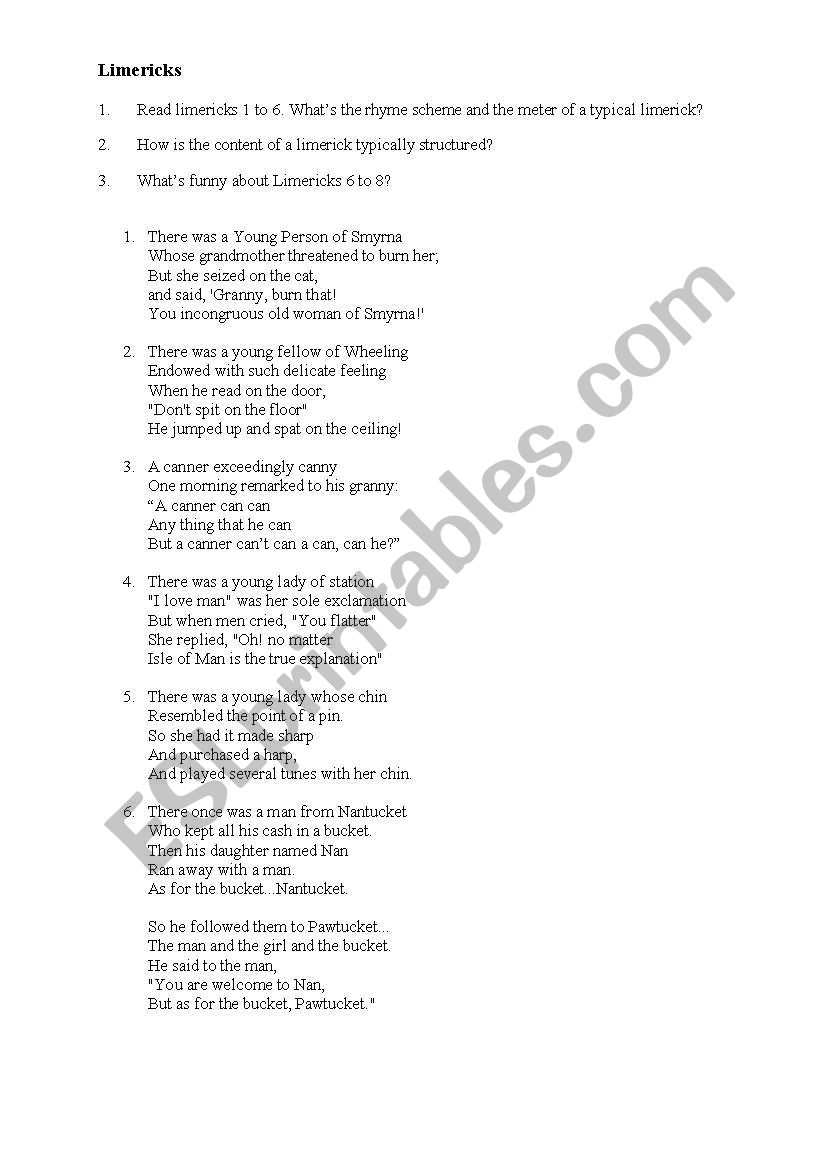 Limericks worksheet