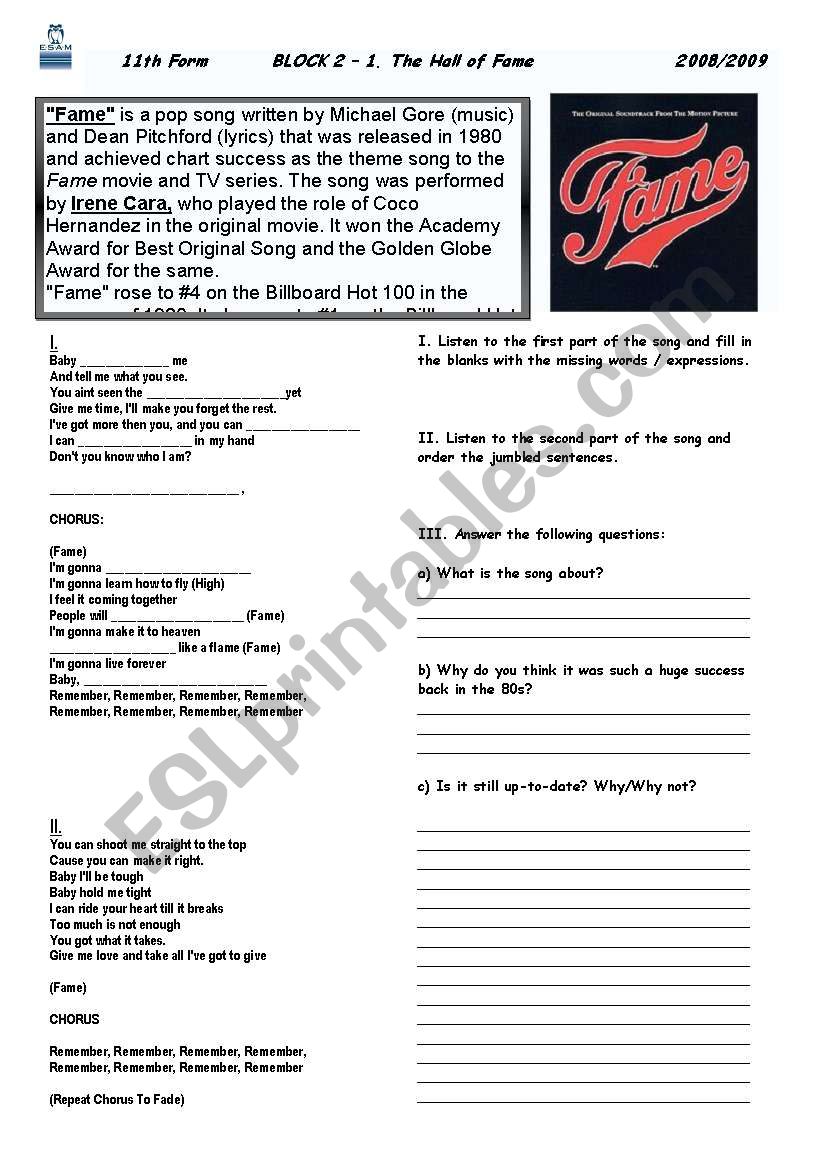 Fame- song worksheet