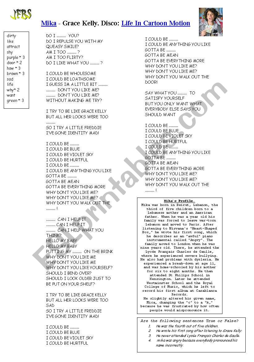 SONG - MIKA - GRACE KELLY worksheet