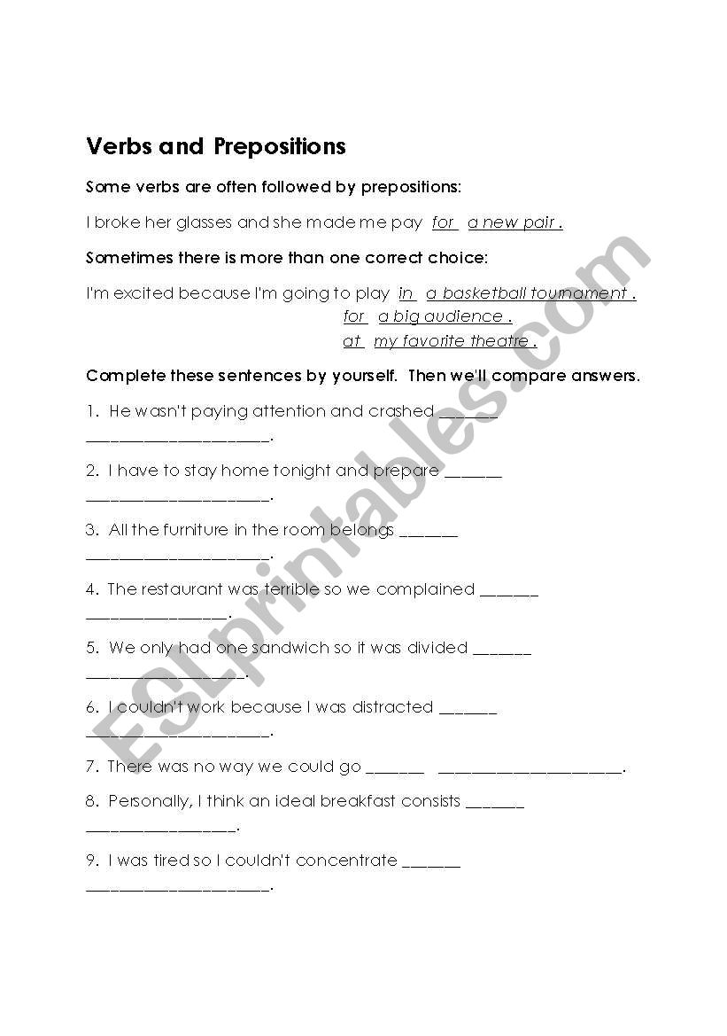 Verbs and Prepositions worksheet