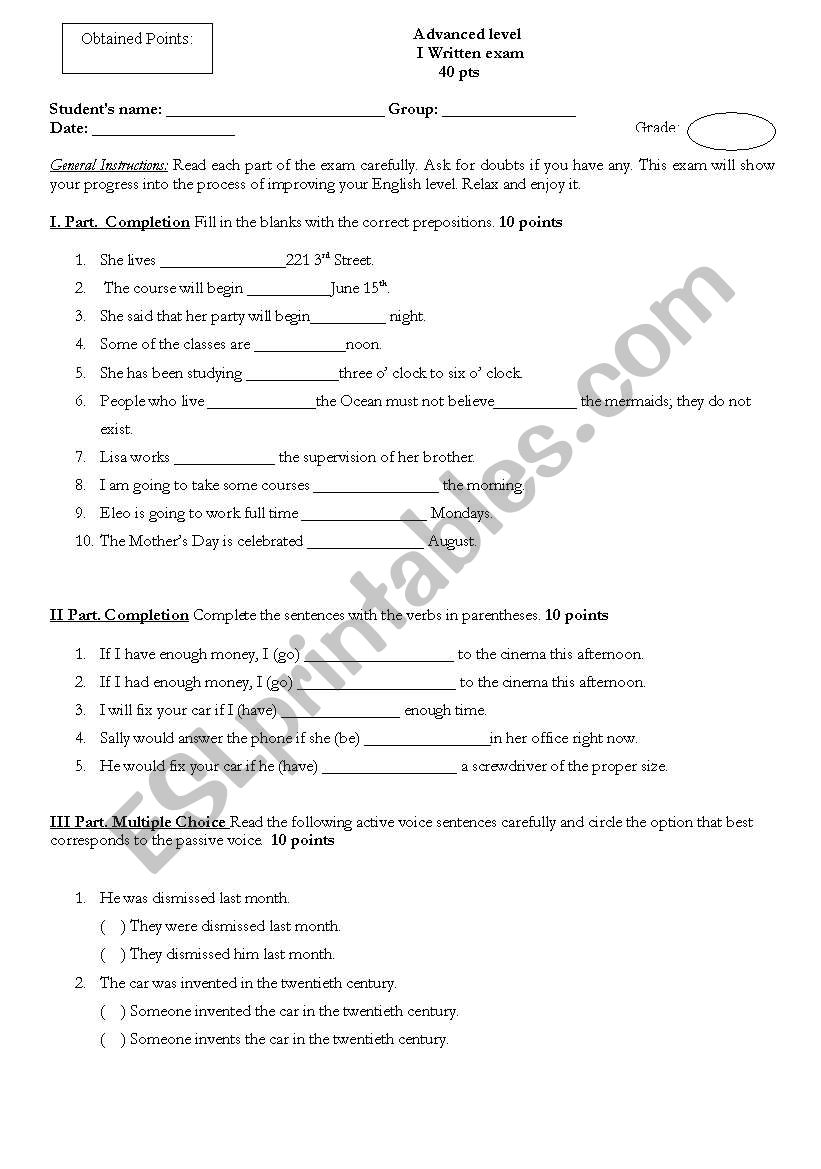 advanced level worksheet