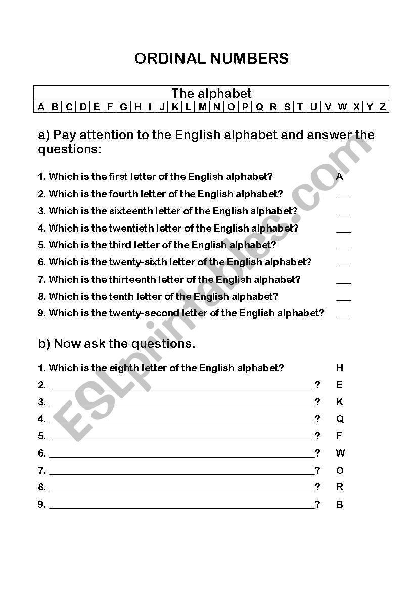 Ordinal numbers worksheet