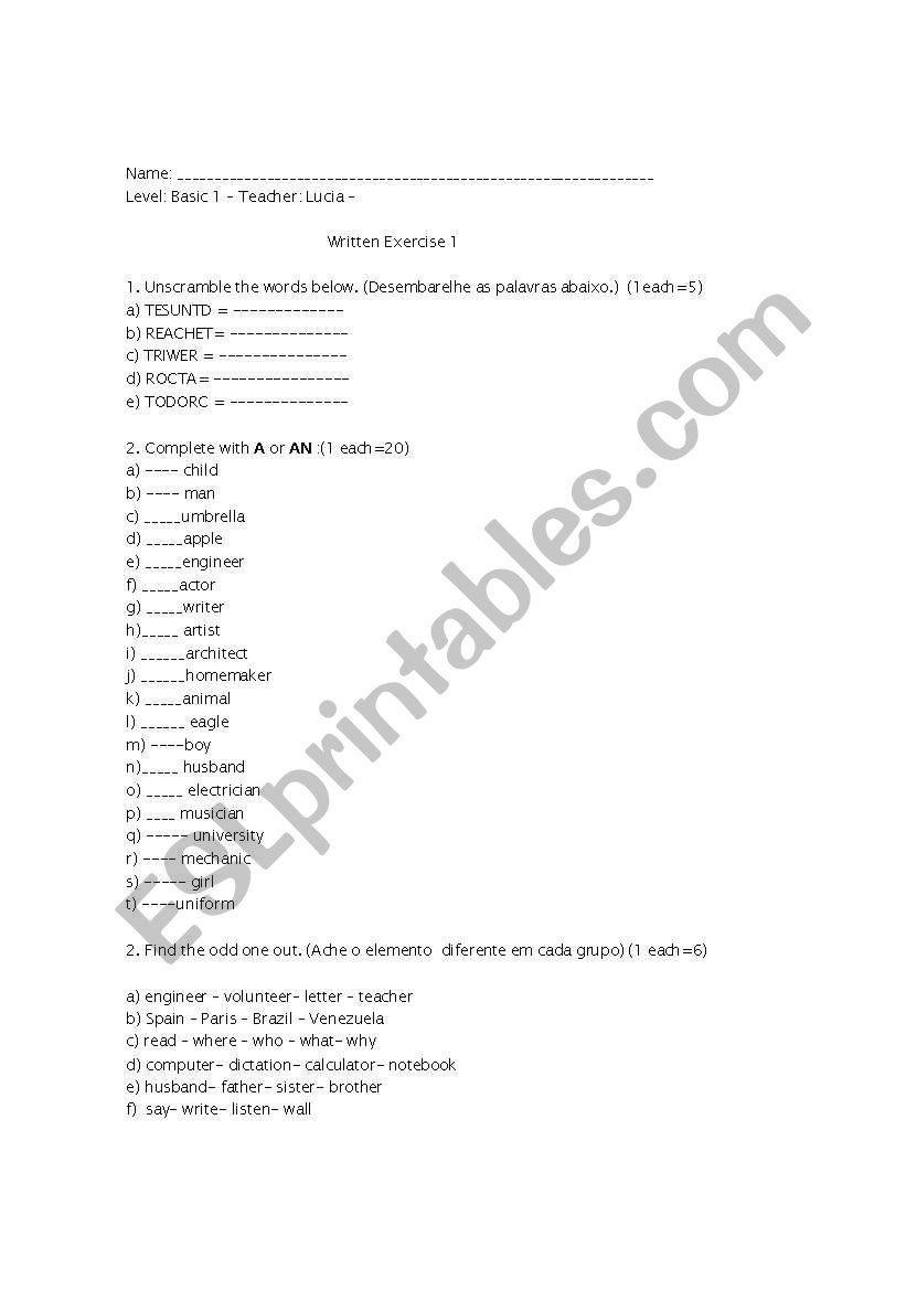 Written Test - Indefinite Articles, Jobs, Opposites