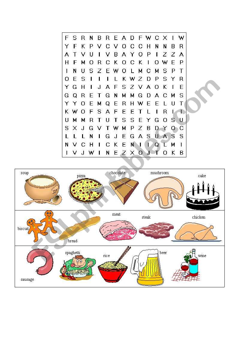 Food word search game worksheet