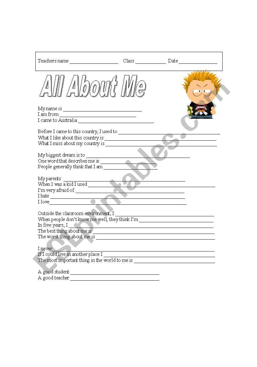 All About Me worksheet