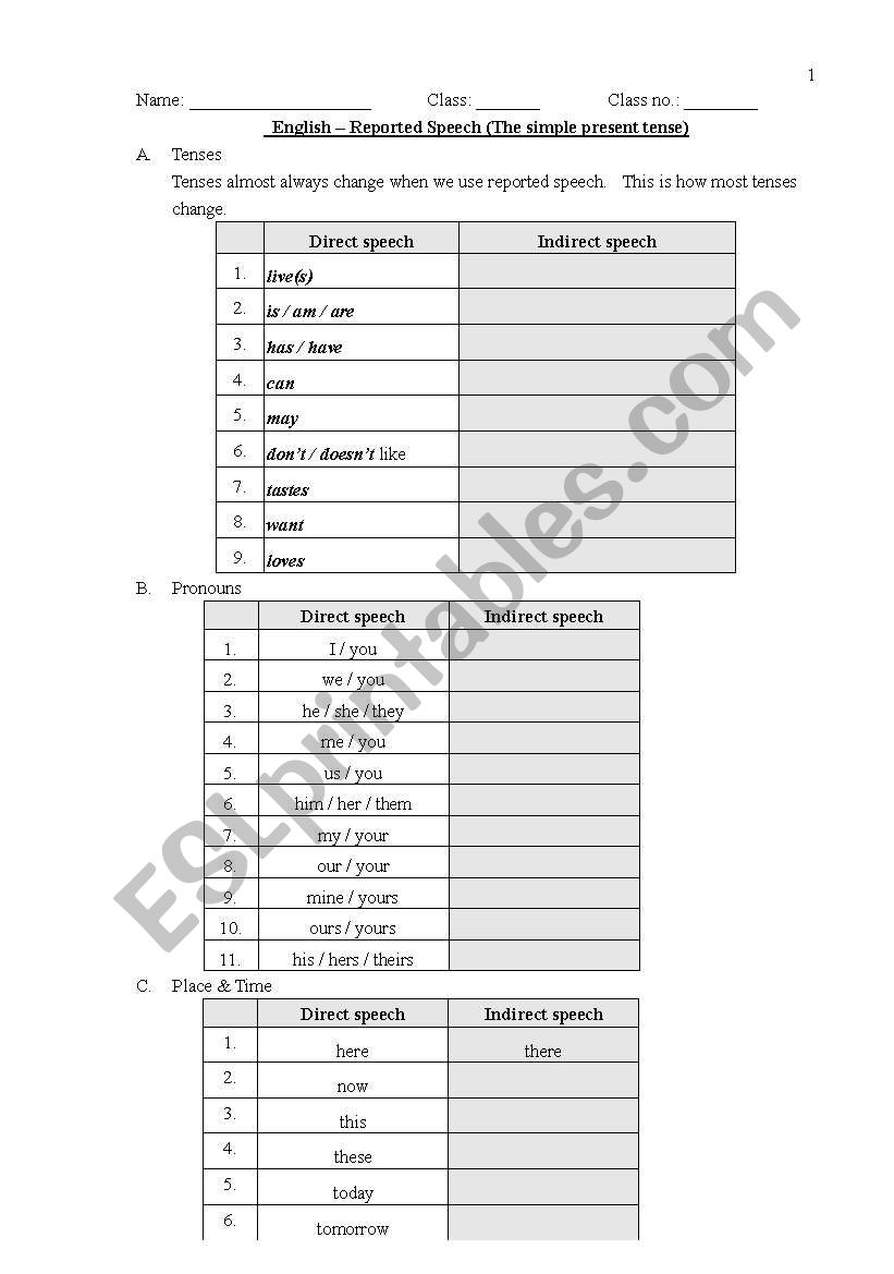 reported statement worksheet