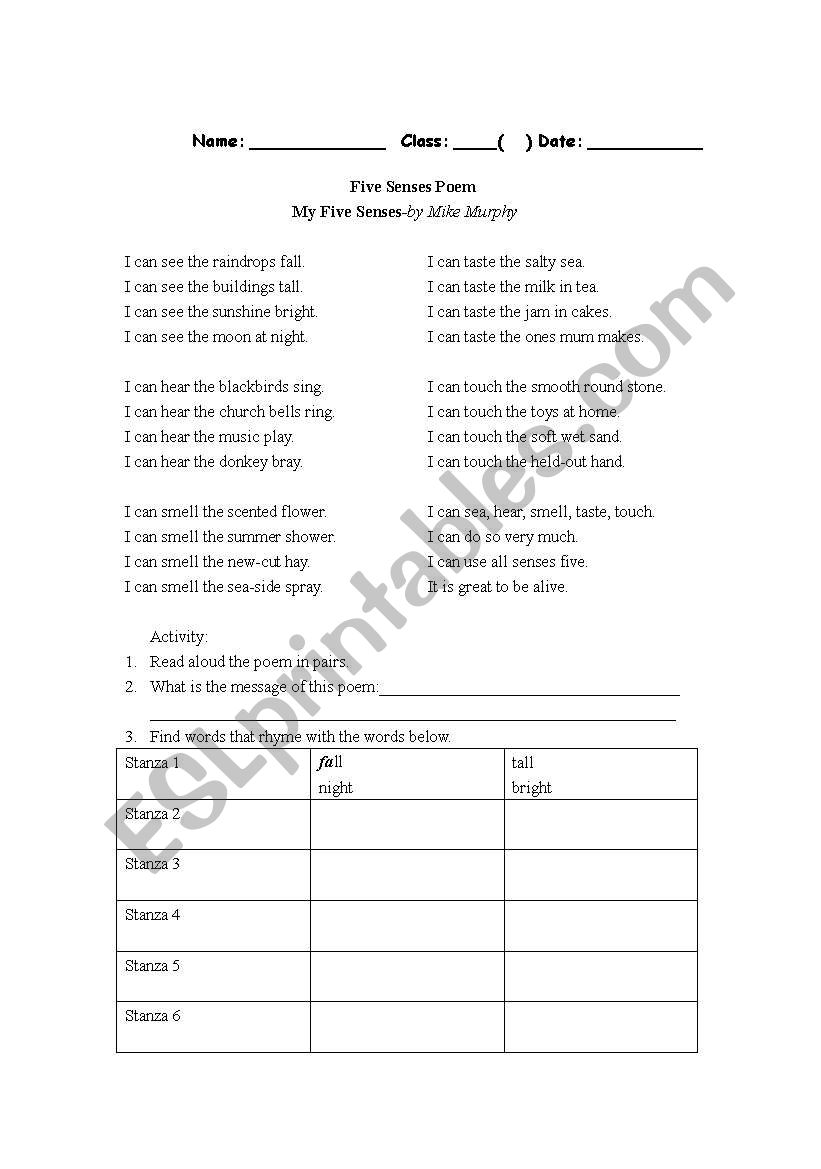 rhyming of a poem worksheet