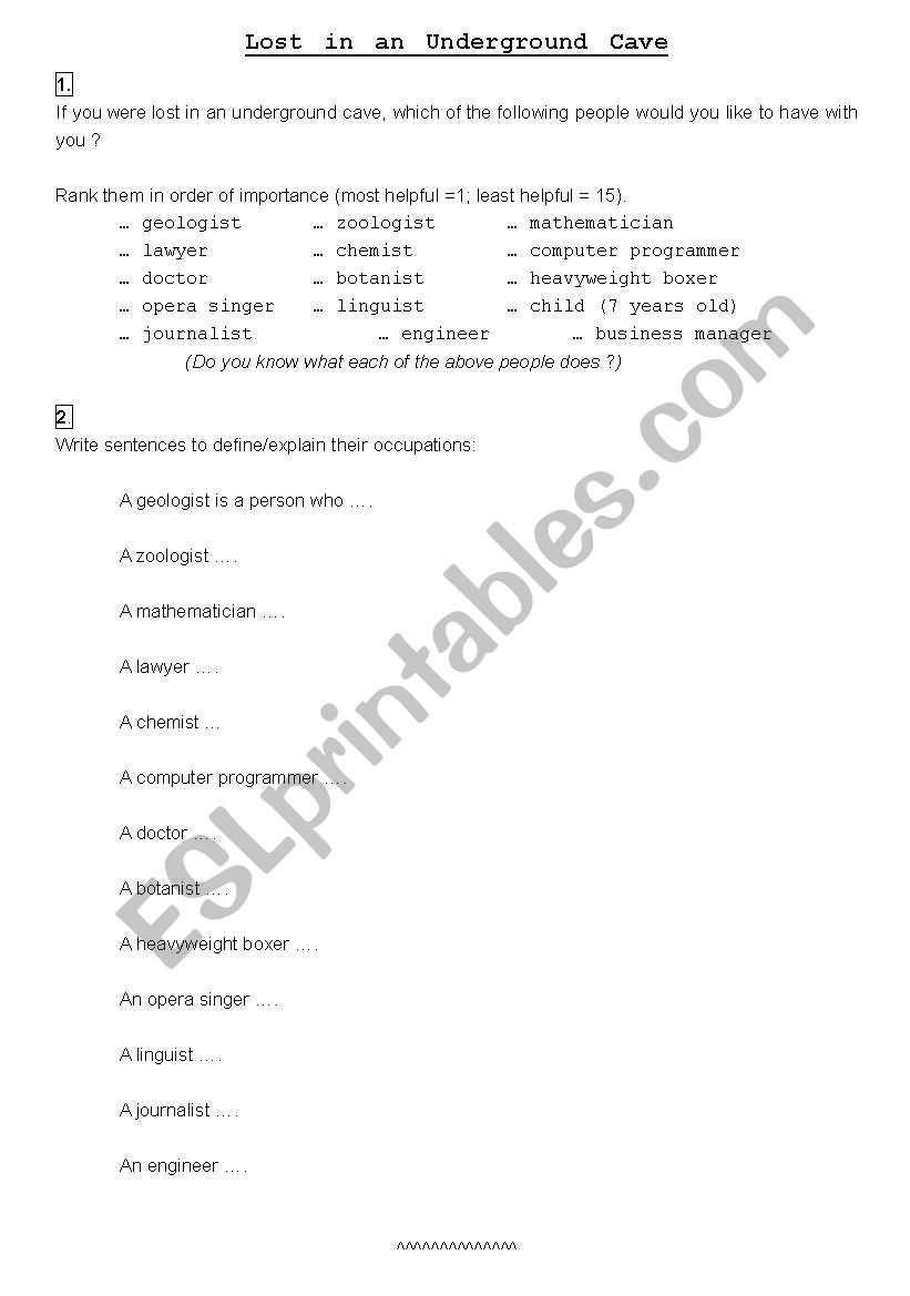 Lost in an underground cave worksheet