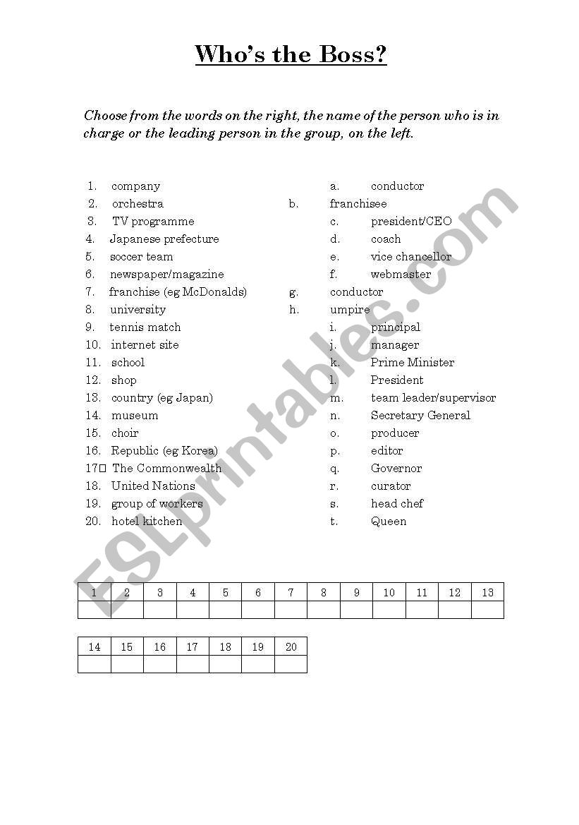 Whos the Boss? worksheet